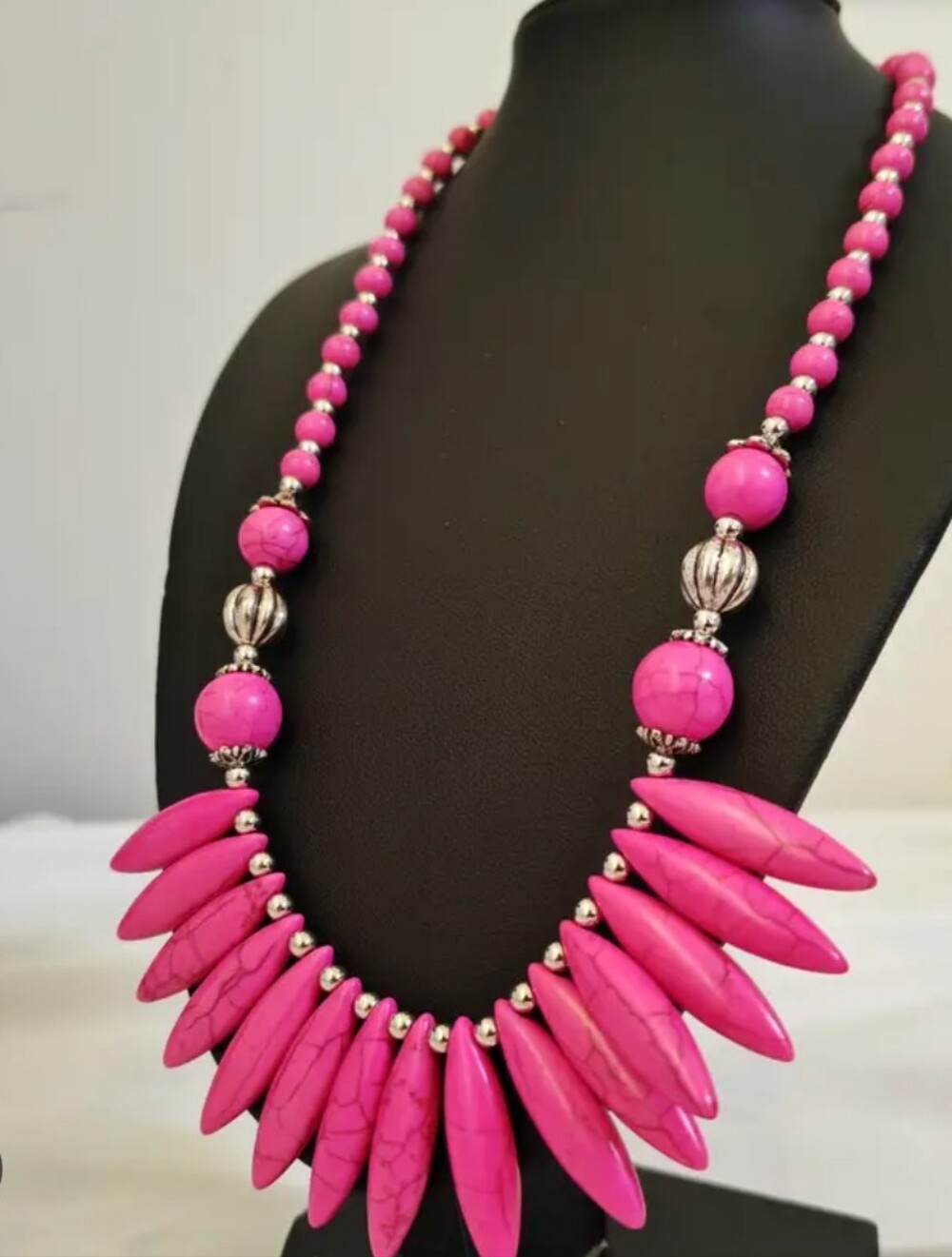 Necklace Pink Malachite Natural Stone Bohemian Style Silvery Tribal Boho Jewelry